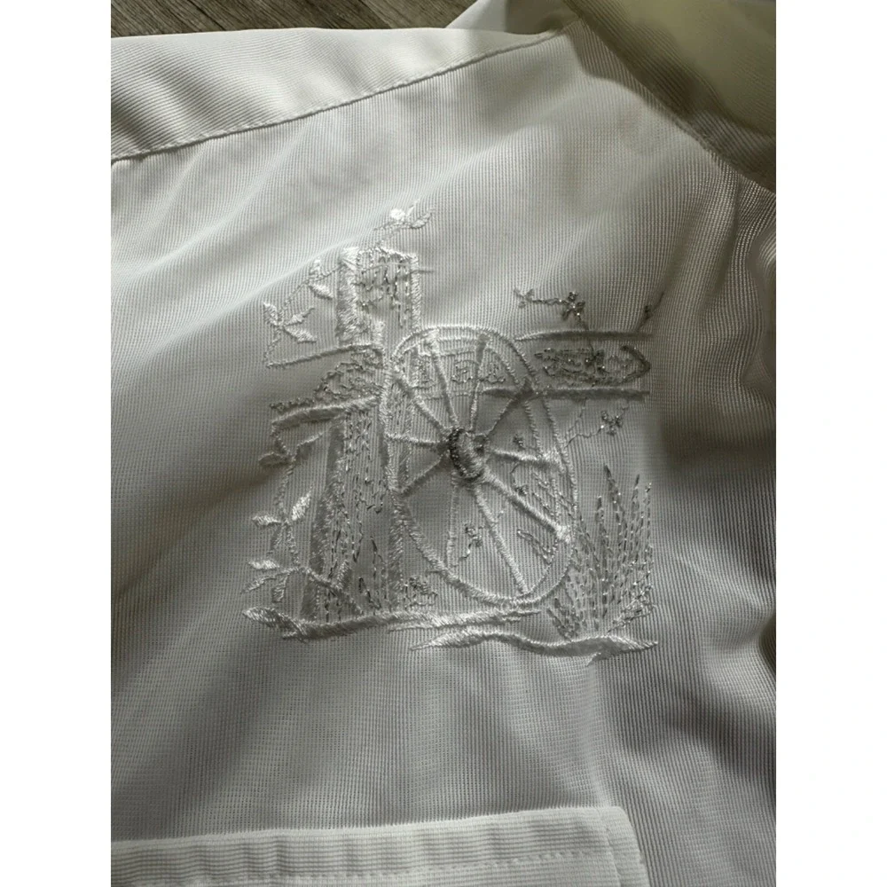 Vtg H BAR C Western Shirt Mens Wagon Wheel Pearl Snap Permanent Press‎ White